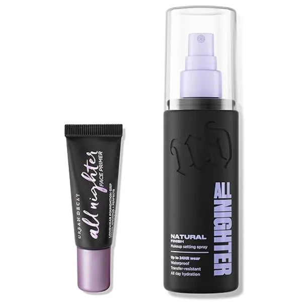 URBAN DECAY All Nighter Face Primer and Natural Finish Setting Spray Travel Bundle All Nighter Waterproof Setting Spray (1 Fl Oz) for Transfer Resistant Makeup + Makeup Primer (0.28 fl oz)