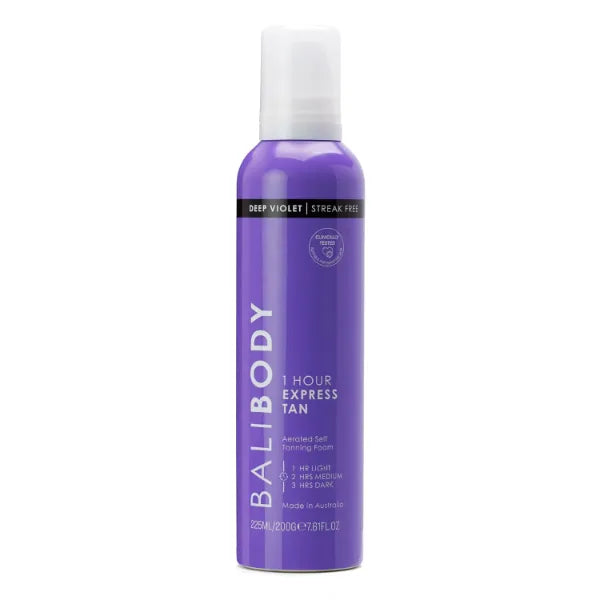 Bali Body Deep Violet 1 Hour Express Self Tanner – Fast-Acting, Weightless Self Tanner for Natural Bronze – No-Transfer, Hydrating Quick Tan Mousse for Smooth, Radiant Skin, 7.61 Fl Oz