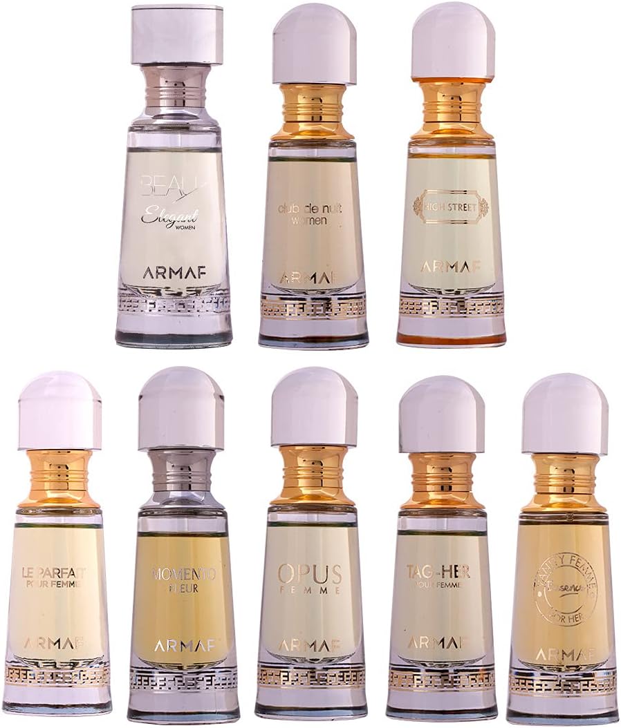 Armaf Non-Alcoholic Concentrated Perfume Oil - 20ML PACK OF 8 - For Women - Club De Nuit Intense - Beau Acute - Voyage Bleu - Hunter Intense - Tag Him Homme - Shades Wood - Blue Homme - Opus Homme