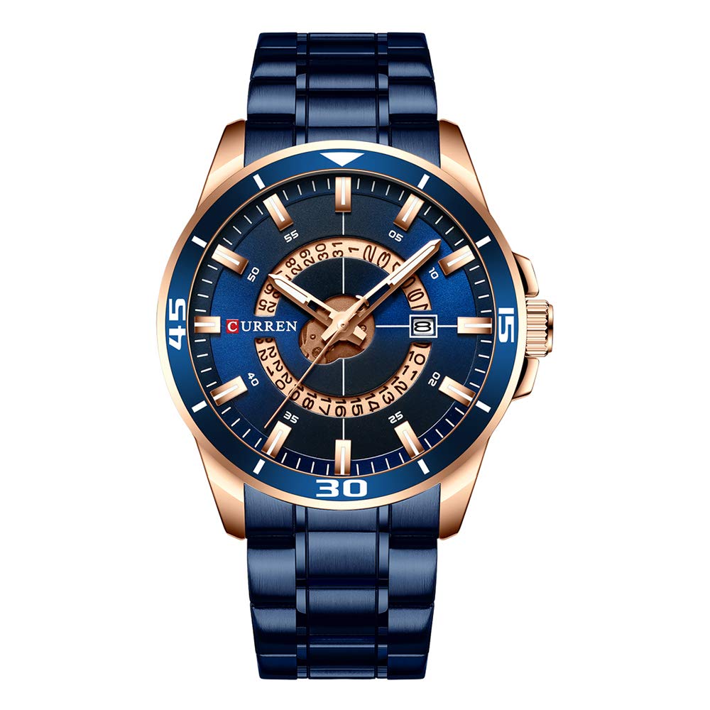 CURREN Men Watches Waterproof Analog Quartz Watch Business Stainless Steel Band Calendar Wrist Watch - Blue