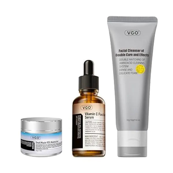 VGO Skin Care Set, with Snail Mucin 92% Moisturizer 1.76 Oz, Vitamin C Serum 1.01 Oz & Dual-Tube Facial Cleanser 3.52 Oz, Daily Routine Kit for Sensitive Skin