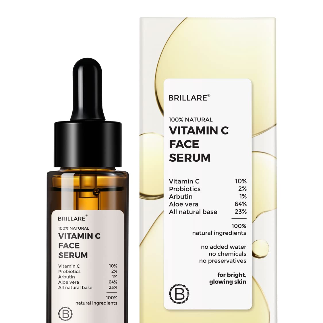 BRILLARE 10% Vitamin C Serum, Bright & Glowing Skin with Probiotics & Aloe Vera, Reduces Dull Skin Tone & Dark Spots, 100% Natural Face Serum - 30ml