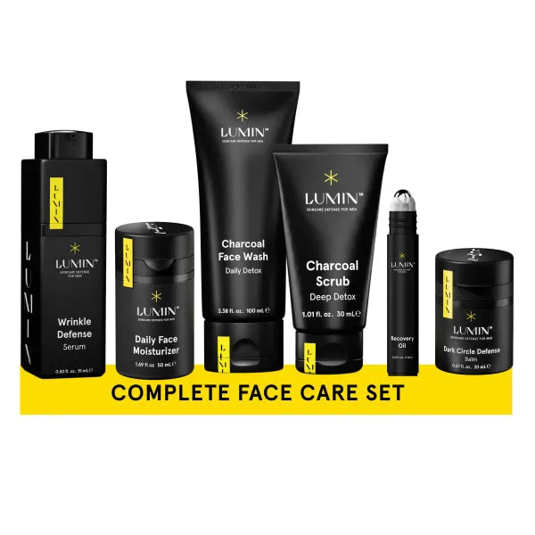 Lumin Complete Men's skincare Set, Charcoal Face Wash, Charcoal Scrub, Face Moisturizer, Wrinkle Serum, Recovery Oil & Dark Circle Defense Balm