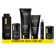 Lumin Complete Men's skincare Set, Charcoal Face Wash, Charcoal Scrub, Face Moisturizer, Wrinkle Serum, Recovery Oil & Dark Circle Defense Balm