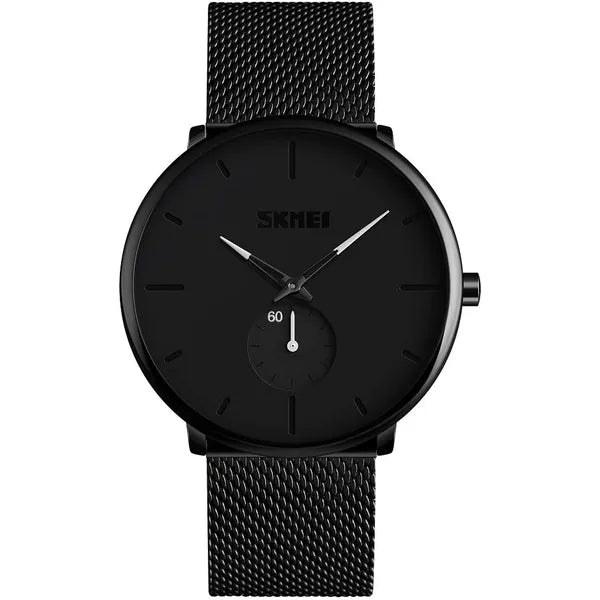 SKMEI Quartz Men Fashion Watch Black Metal Mesh Band Waterproof (Black)