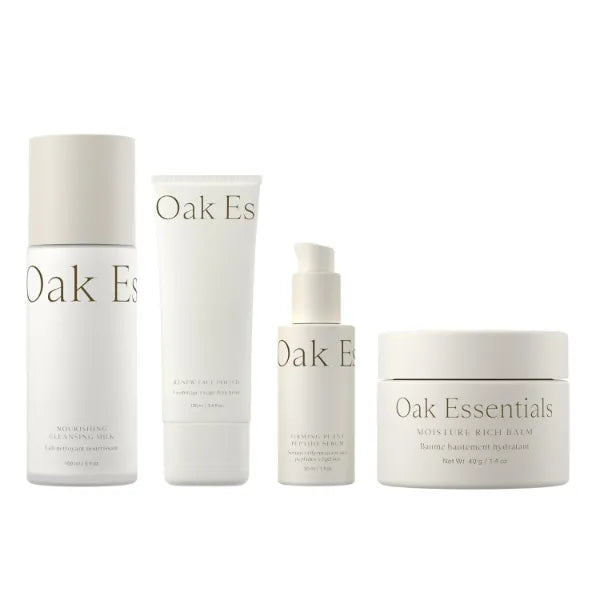 Oak Essentials The Youthful Skin Routine Set, 4-Piece Face Skincare Set: Nourishing Cleansing Milk, Renew Face Polish, Firming Plant Peptide Serum and Moisture Rich Balm, Full Sizes