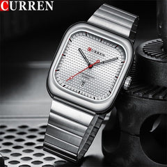 Curren 8460 Casual Steel Strap Square Men Quartz Watch Japan Movement - Silver white