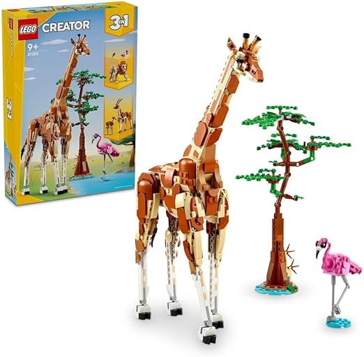 LEGO Creator 3in1 Wild Safari Animals, Giraffe Toy to Gazelle Figures to Lion Model, Set for Kids, Girls & Boys Aged 9 Plus, Includes Flamingo and Butterfly, Nature Gifts for Imaginative Play 31150