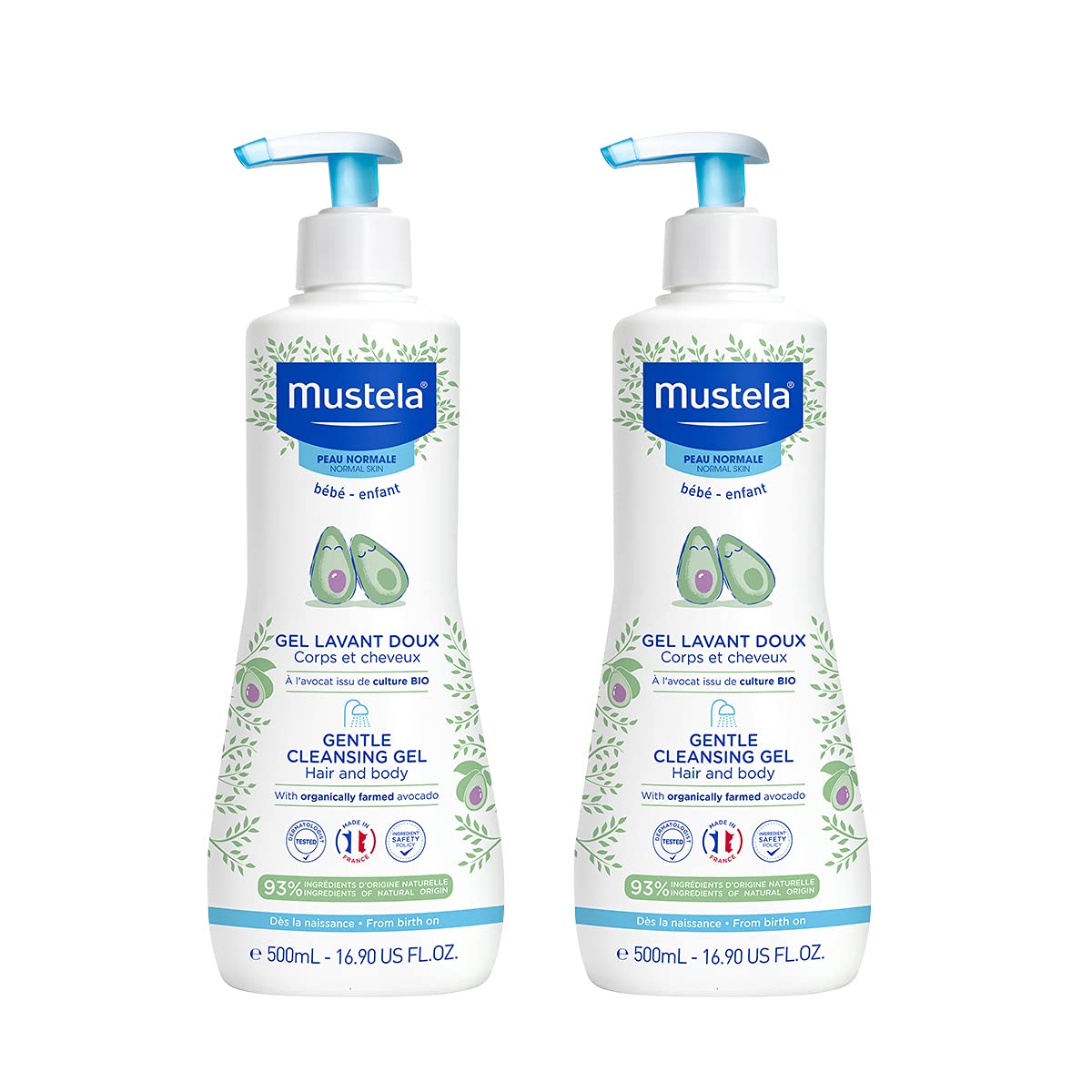 Mustela Baby Gentle Cleansing Gel - Baby Hair & Body Wash - with Natural Avocado fortified with Vitamin B5 - Biodegradable Formula & Tear-Free - Pack of 2 - 500ml
