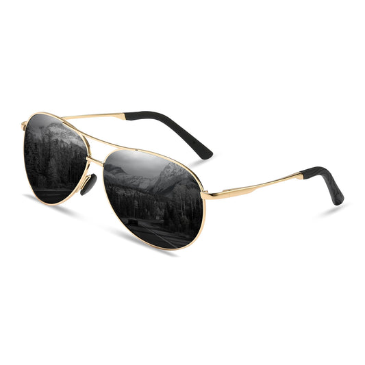 YUKANNA Sunglasses for Men Women Pilot Polarized Sun glasses with UV 400 Protection Metal Frame for Driving Golf Fishing - Black Lens/Gold Frame