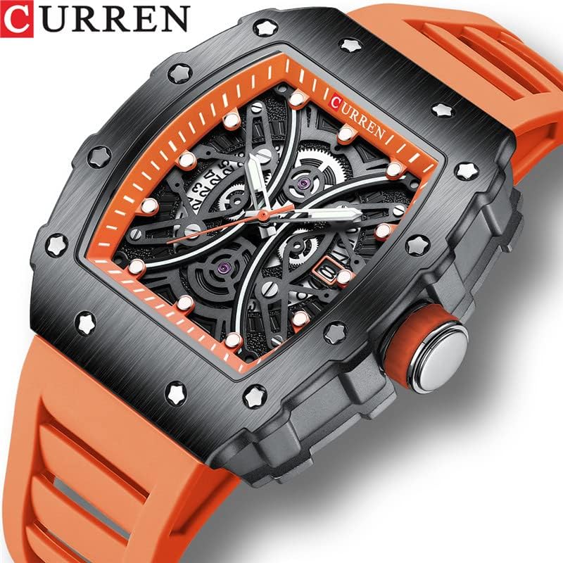 CURREN New Rectangular Luminous Watch Men Sports Casual Silicone Bracelet Semi Hollow Auto Date Dail Wristwatch 8438 - Orange