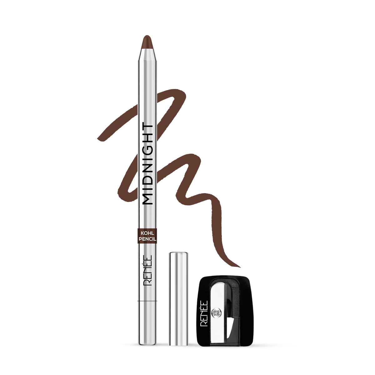RENEE Midnight Kohl Kajal Pencil - Waterproof, Smudgeproof With Sharpener - 24 Hours Long Stay - One Swipe Application - Vitamin E, Olive Oil and Castor Oil - 1.5 Gm, Matte Finish (Brown)