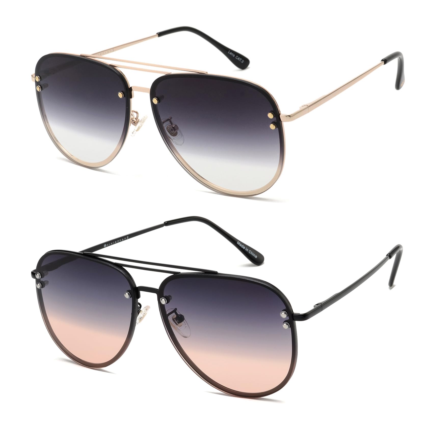 VIVIENFANG Premium Rimless Oversized Aviator Sunglasses for Women, Polarized PC Lens UV Protection Womens Shade VF2203