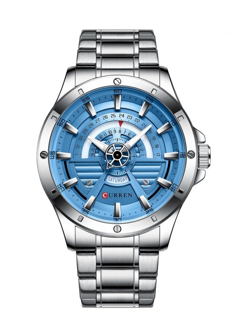 CURREN Original Brand 8381 Stainless Steel Band Wrist Watch For Men With Brand (Box)-8381 - SILVER SKY BLUE