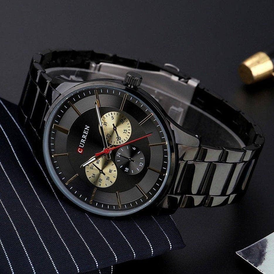CURREN Men's Analog Watch Black Stainless Steel Case Black Dial Black Stainless Steel Bracelet