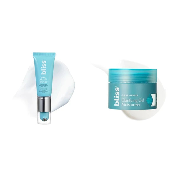 Bliss Eye Do All Things Hydrating Eye Gel & Clear Genius Clarifying Gel Moisturizer Duo | Caffeine + Salicylic Acid for Puffy Eyes & Smooth, Hydrated Skin | Vegan & Cruelty-Free Skincare Set
