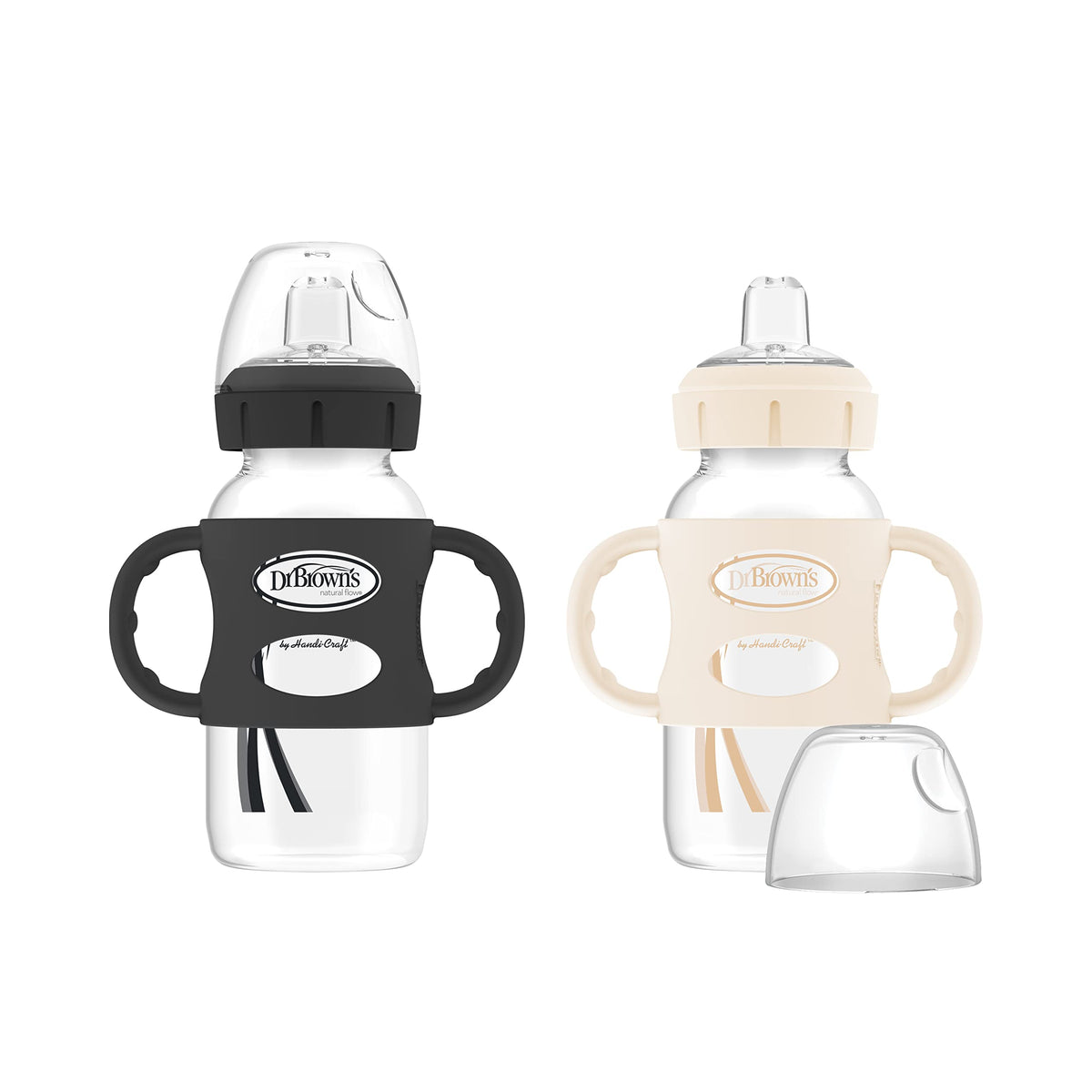 Dr. Brown's Milestones™ Wide-Neck Sippy Bottle with 100% Silicone Handles, Easy-Grip Bottle with Soft Sippy Spout, 9oz/270mL, BPA Free, Black & Ecru, 2 Pack, 6m+