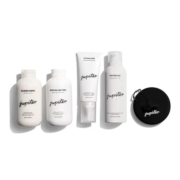 Jupiter Bundle with Color Safe Dandruff Shampoo, Dry Scalp Conditioner, Leave On Scalp Serum, Hair Mask, & Scalp Exfoliator Brush, for Itchy, Flaky, Oily Scalp Treatment, Sulfate-Free, & Vegan