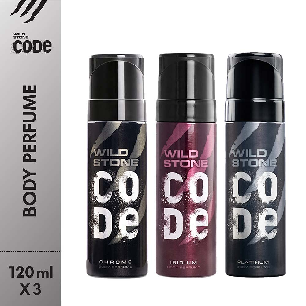 Wild Stone Code Chrome, Iridium & Platinum No Gas Body Perfume Combo for Men, Pack of 3 (120 ml each)
