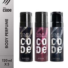 Wild Stone Code Chrome, Iridium & Platinum No Gas Body Perfume Combo for Men, Pack of 3 (120 ml each)