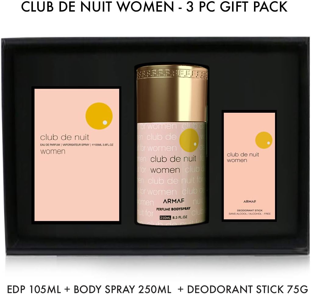 Armaf Club De Nuit Women 3 Pieces Gift Set Pink, Club De Nuit EDP 105ml + Club De Nuit Deodorant Stick 75g + Club De Nuit Perfume Body Spray 250ml, For Her