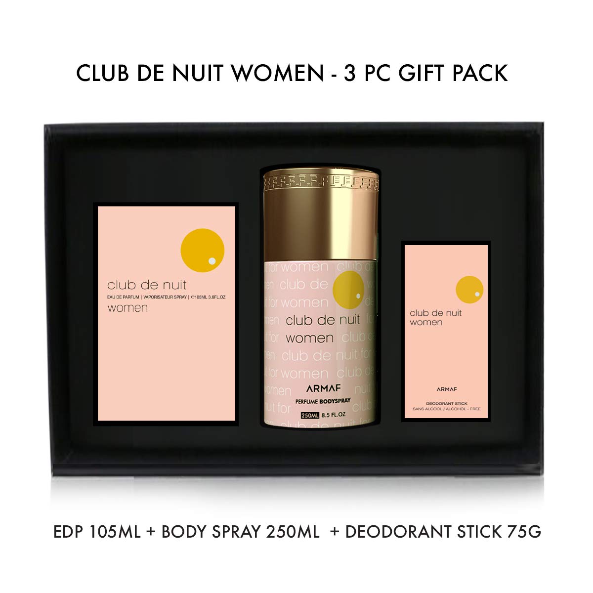 Armaf Club De Nuit Women 3 Pieces Gift Set Pink, Club De Nuit EDP 105ml + Club De Nuit Deodorant Stick 75g + Club De Nuit Perfume Body Spray 250ml, For Her