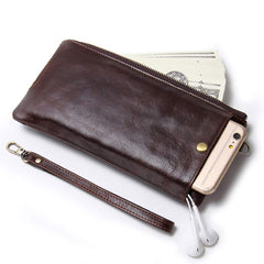 Hiram Wristlet Bag Genuine Leather RFID Cellphone Wallet Men's Clutch Wallets Men Credit Card Holder Male Long Purse Zipper (Coffee)