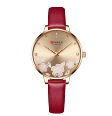 CURREN 9068 Brand Women Watch Fashion Flower Dial Quartz Ladies Leather Wristwatch Elegant Gift Lady Watche WITH ORIGNAL GIFT BOX - RED