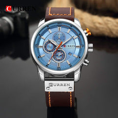 Herren-Armbanduhr mit Lederarmband, klassisch, lssig, Edelstahl, wasserdicht, Chronograph, Datum, analog, Quarzuhr - blue