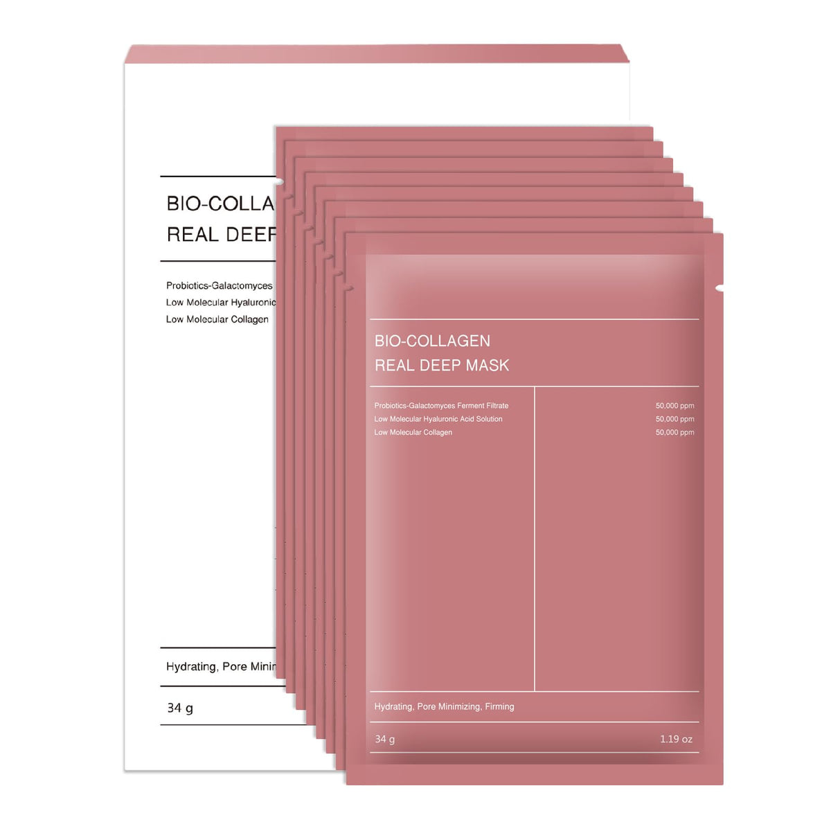 Bio Collagen Real Deep Cleansing Mask, Overnight Hydrating Hydrogel Mask, Minimizes Pores, Improves Elasticity, Travel Essential, 34g, For All Skin Types (8 Pack)