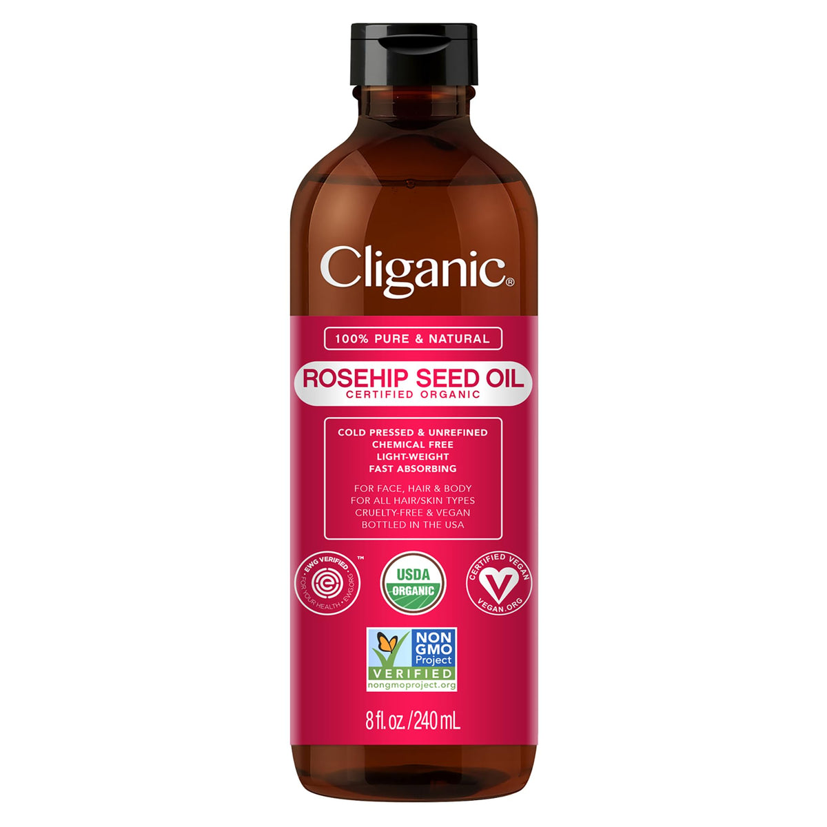 Cliganic Organic Rosehip Seed Oil for Face, 100% Pure | Natural Cold Pressed Unrefined Non-GMO 8 fl.oz/240ml
