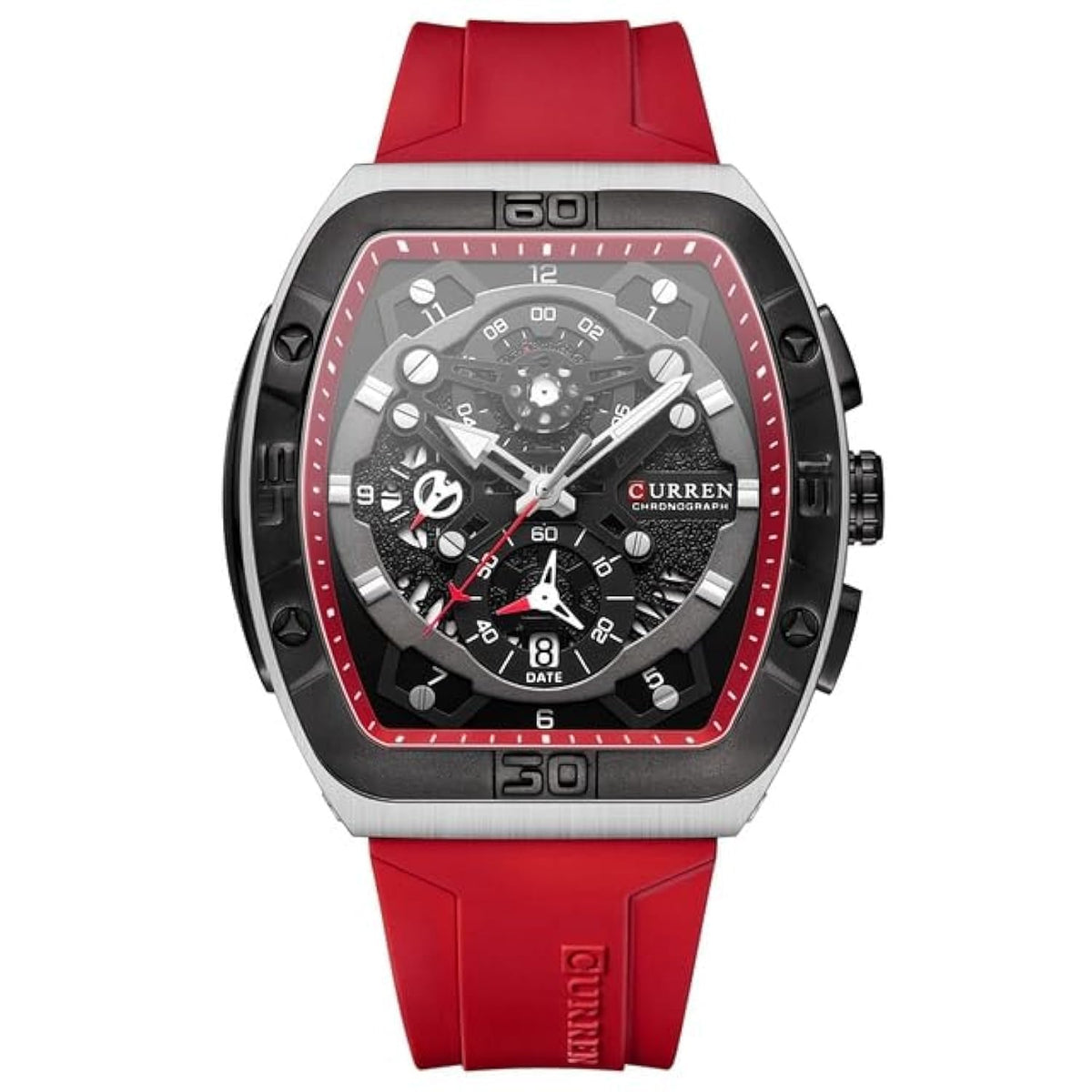 CURREN 8443 Men's Waterproof Quartz Calendar Tape Multifunctional Watch Men's Watch Silicone Band With Orrignal Cureen Box - RED