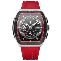 CURREN 8443 Men's Waterproof Quartz Calendar Tape Multifunctional Watch Men's Watch Silicone Band With Orrignal Cureen Box - RED