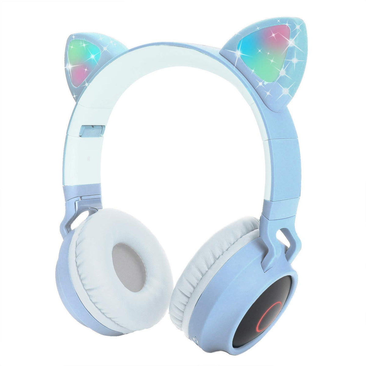 Pshare Cute Foldable Over/On Ear Headsets with LED Light for Girl Adult, Bluetooth 5.0 Kids Cat Headphones for iPhone/iPad/Kindle/Laptop/PC，Wireless Music Stereo Bass Headphone (Light Blue)