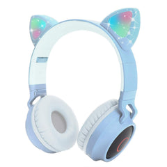 Pshare Cute Foldable Over/On Ear Headsets with LED Light for Girl Adult, Bluetooth 5.0 Kids Cat Headphones for iPhone/iPad/Kindle/Laptop/PC，Wireless Music Stereo Bass Headphone (Light Blue)