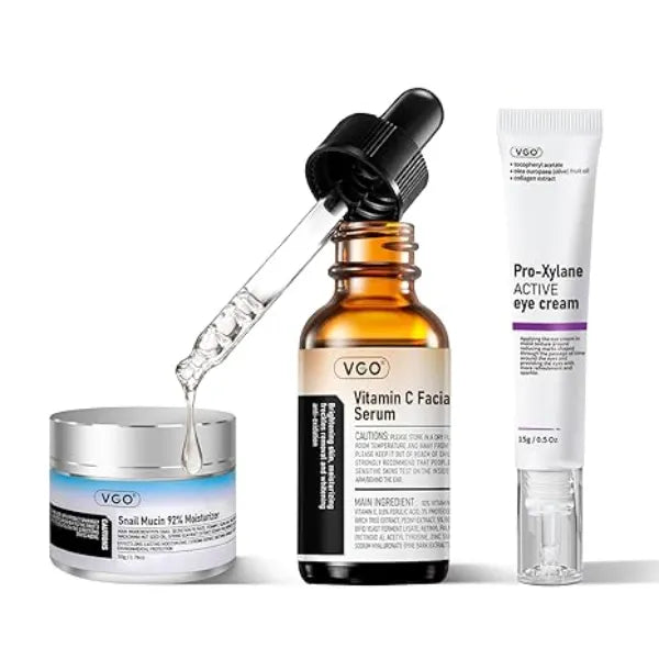 VGO Skin Care Set, with Snail Mucin 92% Moisturizer, Vitamin C Serum & Pro Xylane Active Eye Cream, 3 Step Skin Care Kit, Day & Night Skincare Routine