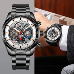 CURREN 8391 Top Luxury Brand Men's Casual Sports Watch Men's Watch, Waterproof Luminous Stainless Steel Men's Wrist Watch - BLACK WHITE