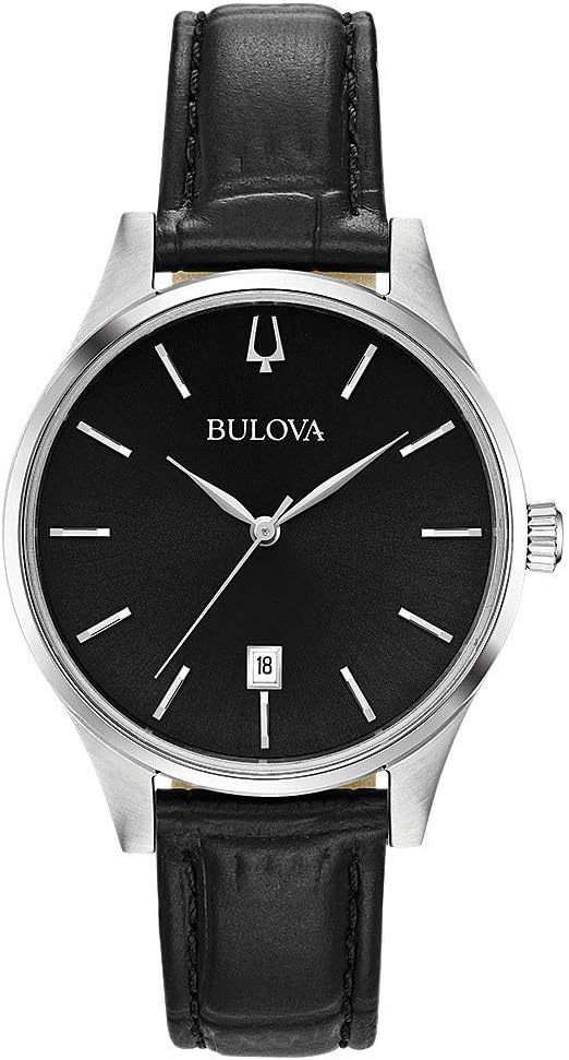Bulova Mens Quartz Watch, Analog Display and Leather Strap 96M147 - Black