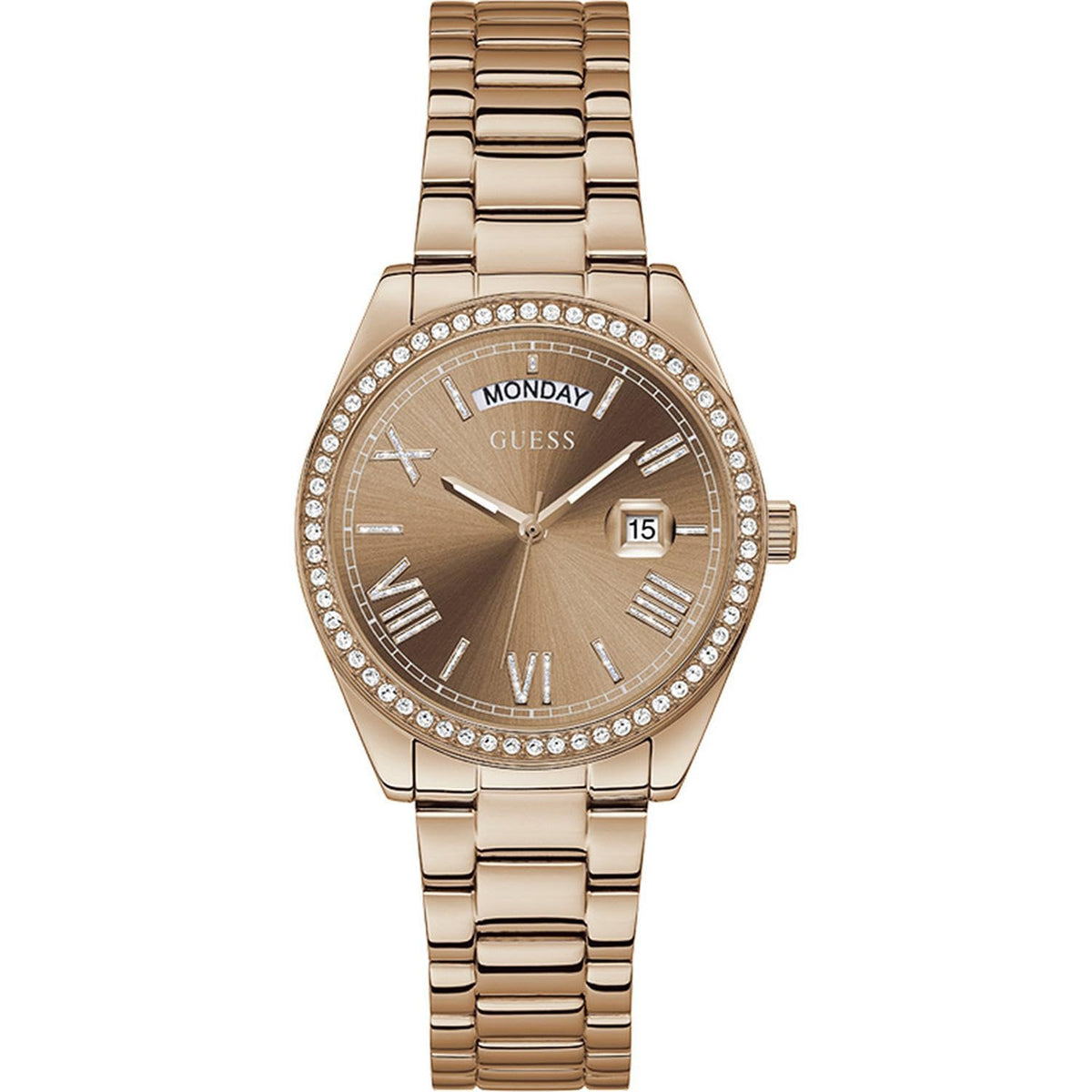 GUESS 36mm Stainless Steel Day-Date Watch with Coin Edge Bezel, Silver-Tone/Blue