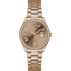 GUESS 36mm Stainless Steel Day-Date Watch with Coin Edge Bezel, Silver-Tone/Blue