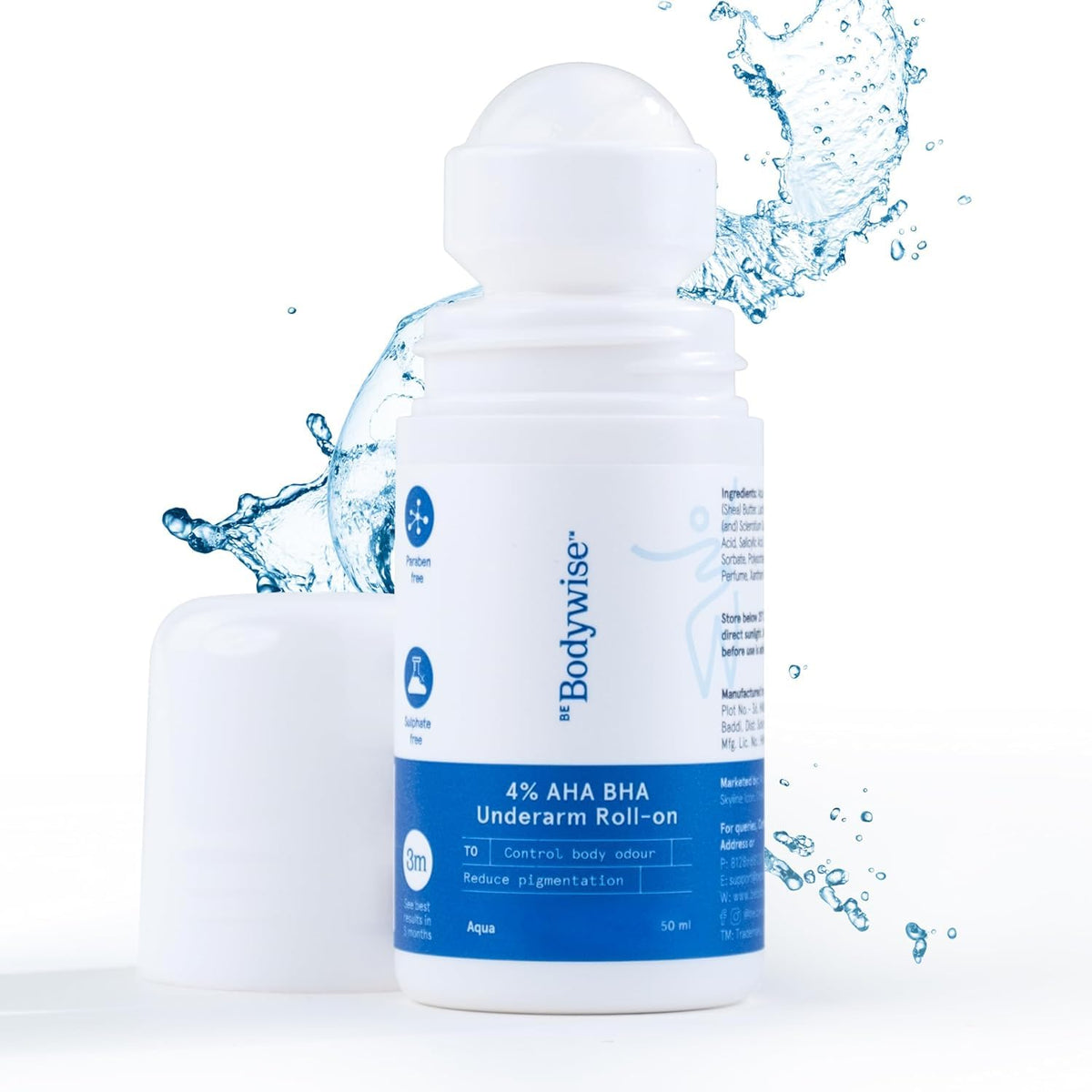 Be Bodywise Underarm Roll On|Brightens Skin, Kills Bacteria|Long Lasting|0% Alcohol|Aqua|50ml