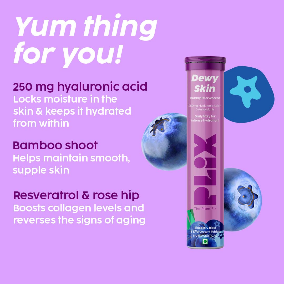 PLIX - THE PLANT FIX Hyaluronic Acid 15 Effervescent Tablets For Radiant Skin | Blueberry Flavor Pack Of 2 | Superfoods Enriched | Supports Skin Hydration | Helps To Reduce Fine Lines | Vegan