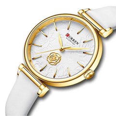 CURREN Women's Analog Watch, Rose Detail in Carture and Texture on Background, Extendable Leatherette Adjustable Buckle Clasp Classic Female Design, White, s,