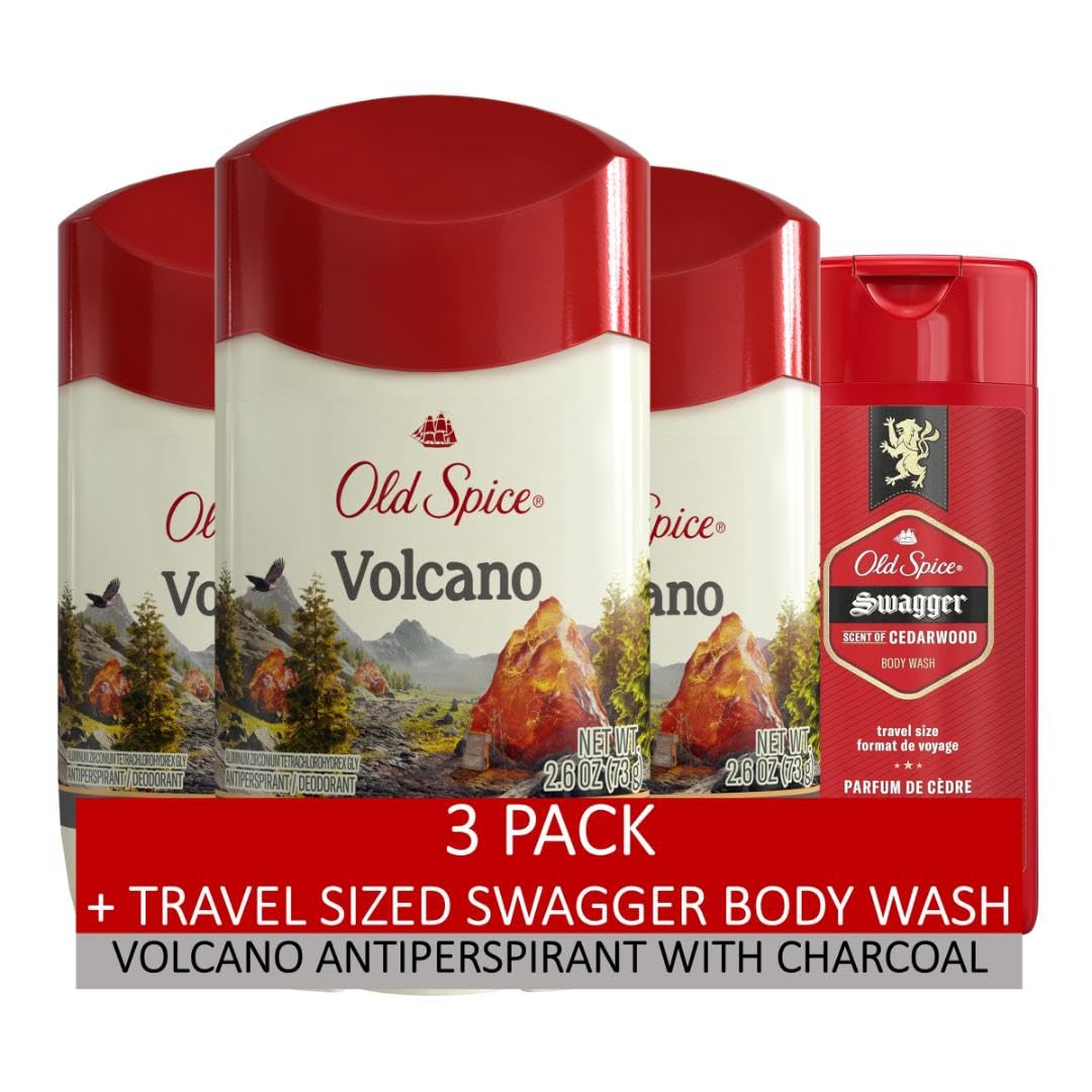 Old Spice Men's Antiperspirant & Deodorant Volcano with Charcoal, 2.6oz (Pack of 3) with Travel-Size Swagger Body Wash