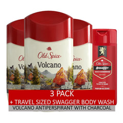 Old Spice Men's Antiperspirant & Deodorant Volcano with Charcoal, 2.6oz (Pack of 3) with Travel-Size Swagger Body Wash