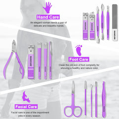 Leipple Manicure Set Professional Nail Clippers Pedicure Kit, 16 pcs Stainless Steel Nail Care Tools Grooming Kit with Luxurious Travel Leather Case for Thick Nails Men Women Gift (Violet)