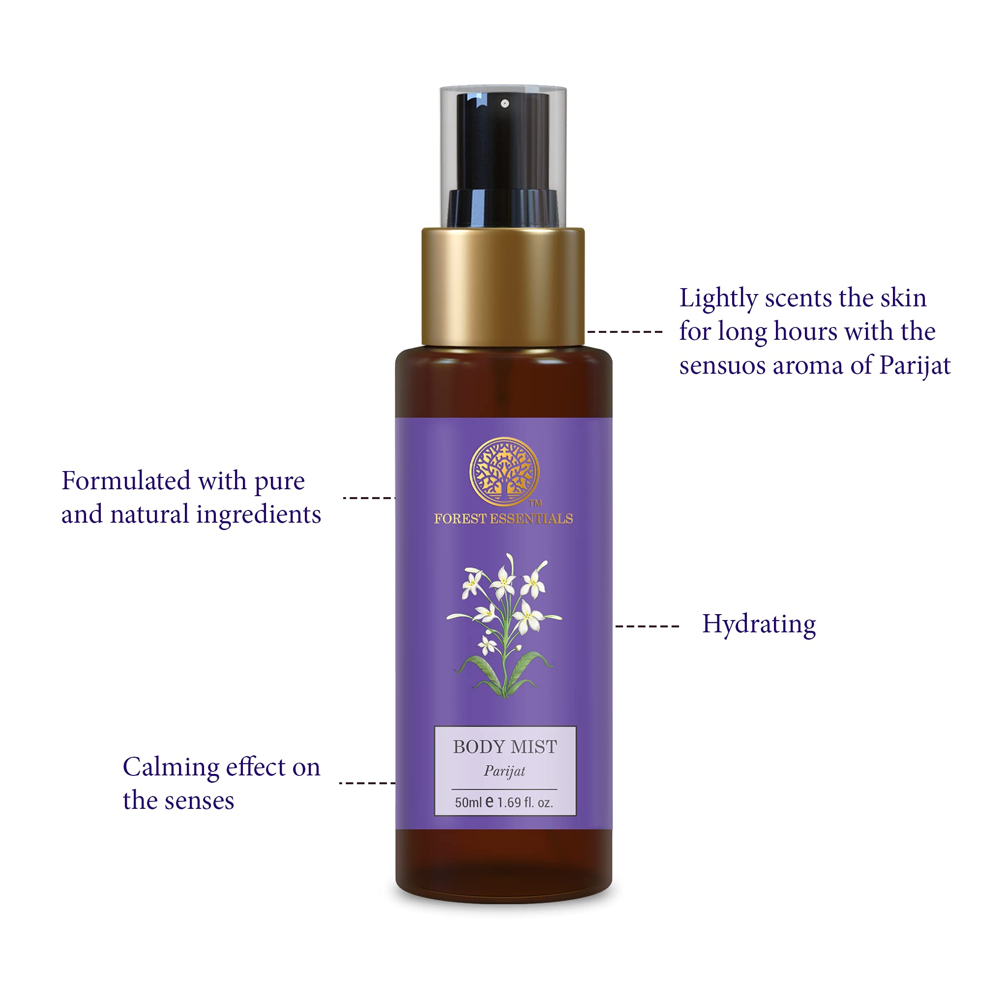Forest Essentials Travel Size Body Mist Parijat | Natural & Hydrating Body Spray For Men & Women | Luxury Deep Floral Fragrance | 50 ml
