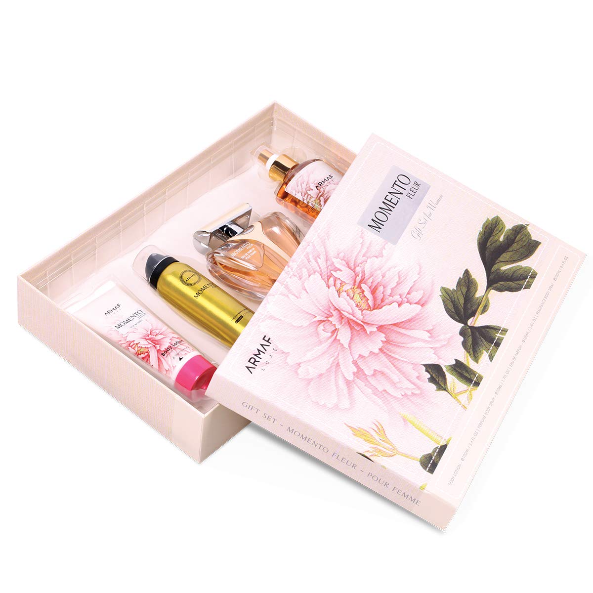 Armaf Momento Fleur For Women, 4 Piece Gift Set, Fleur Eau De Parfum - 100ml, Body Lotion - 100ml, Perfumed Body Spray - 50ml, Fragrance Body Spray - 250 Ml, For Her