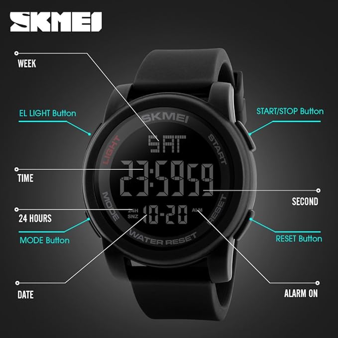 SKMEI Men's Digital Sports Wrist Watch LED  BLACK