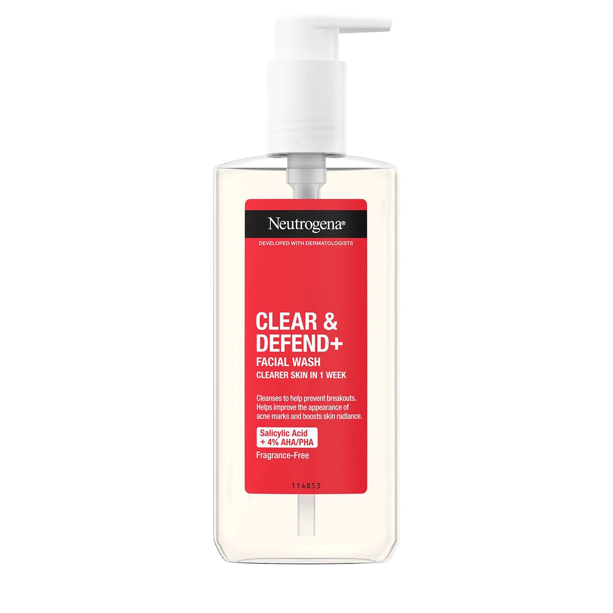 Neutrogena Clear & Defend+ Face Wash (1x 200ml), Purifying Facial Wash for Acne-Prone Skin with Salicylic Acid and AHA/PHA, Fragrance-Free Face Wash for Spot-Prone Skin to Help Prevent Breakouts